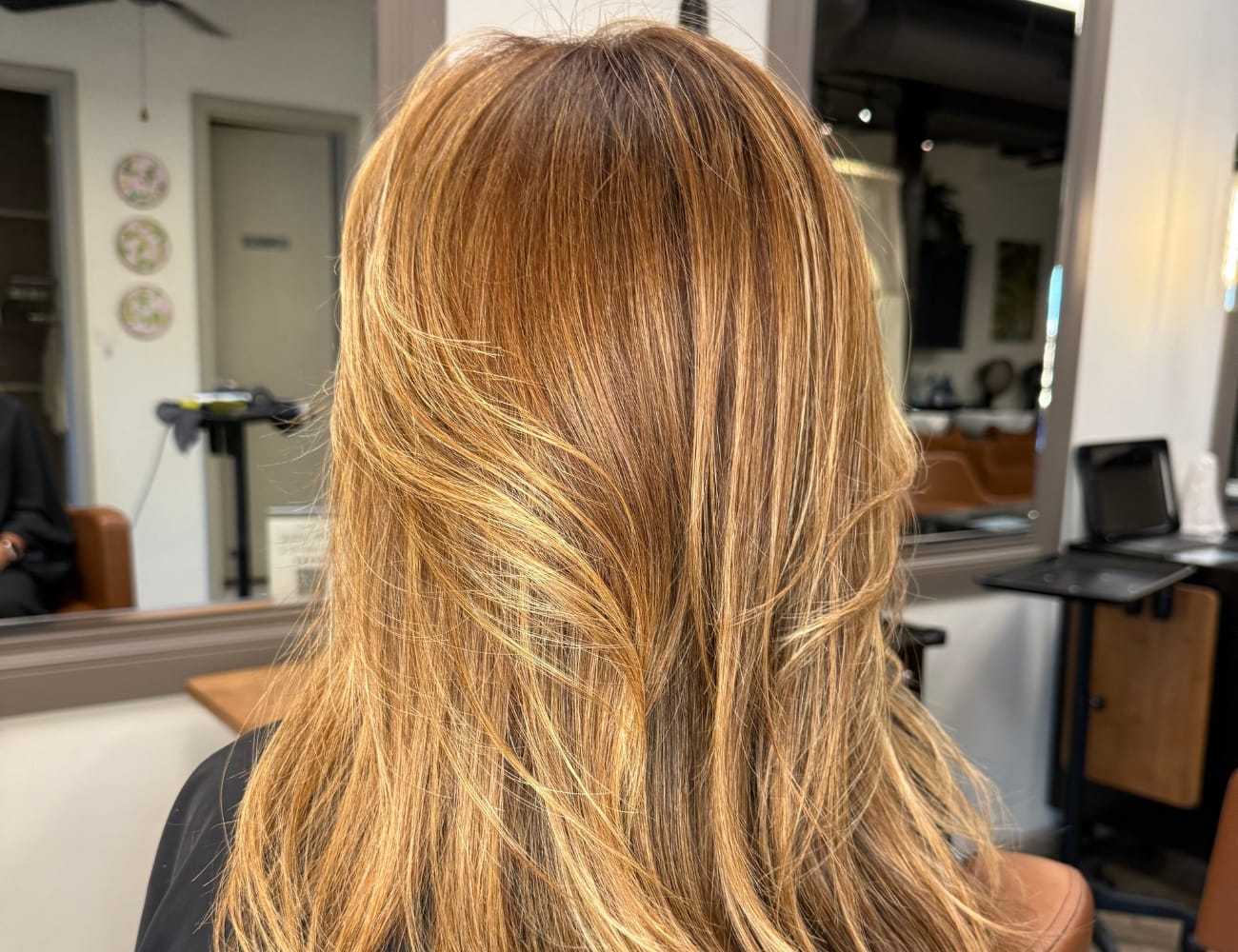 Back view of a person with layered, light brown hair in a salon setting.